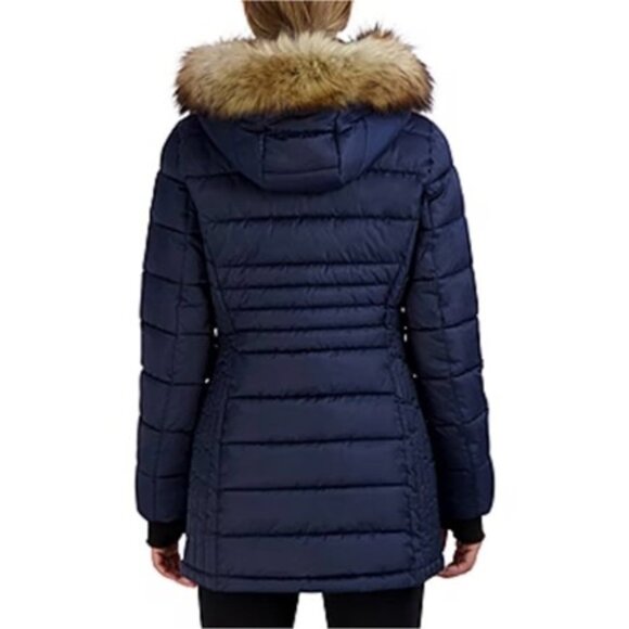 HFX Blue Midweight Faux Fur Trimmed Hood Zippered Water Resistant Puffer Jacket - Picture 3 of 7